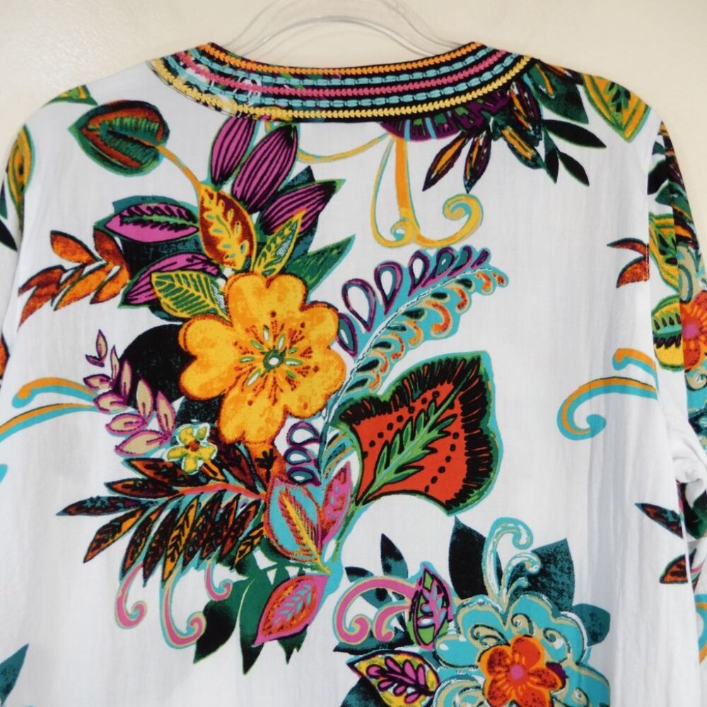 John Mark Tunic Top Size M Embroidered Tropical Floral Split V-Neck NEW $119 - Picture 9 of 11